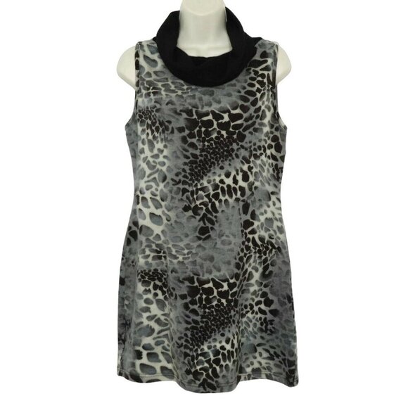 Aryeh Womens Large Cowl Neck Animal Print Black Gray Sheath Sweater Dress - Picture 1 of 8